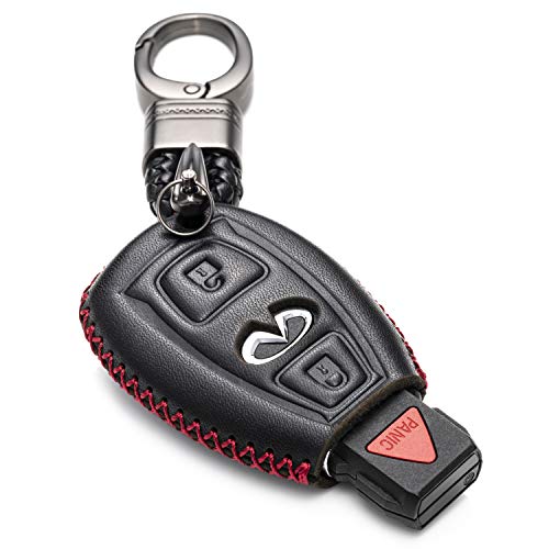 Vitodeco Genuine Leather Smart Key Fob Case Cover Protector with Key Chain Clip - Compatible for Infiniti QX30 (2017 - 2018 Models) - 2 or 3 Buttons, Black/Red