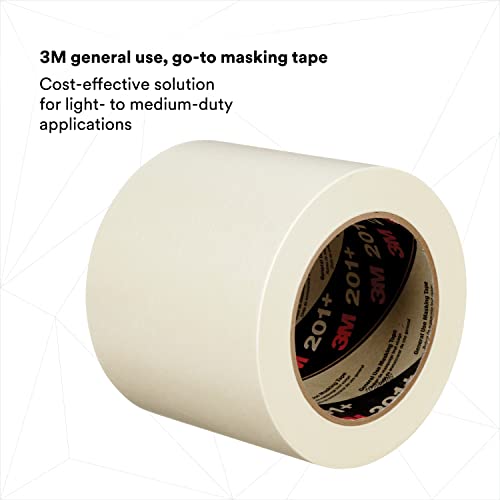 Image of 3M General Use Masking Tape 201+, Crepe Paper, Tan Color, 96 mm x 55 m | 4.4 mil, 8 /Case, Low Unwind, Clean Removal, Easy Tear, Resist Slivering