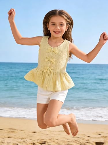 Image of Girls Sleeveless Striped Shirts Bowknot Tank Tops Cotton Peplum Babydoll Top
