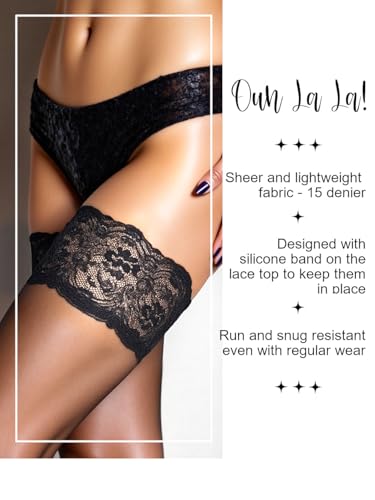 Image of Charm and Attitude Sheer Thigh High Stockings for Women | Stay Up Stockings with Silicone Lace Top | 15 Denier Nylons