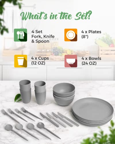 Greendish Wheat Straw Dinnerware Set 24-Piece - Cups, Plates And Bowls Sets For 4 With Reusable Cutlery Utensils - Unbreakable Wheatstraw Plastic Dinnerware Set With Fork Spoon Knife - Dishwasher Safe #TOP6