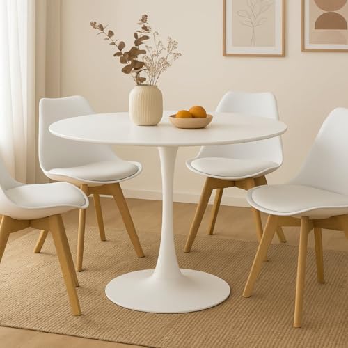 SENHO Table à Manger Ronde pour 4 à 5 Personnes diamètre 100 cm, Finition laquée Mate Blanche, Base Ronde en métal Blanc - Tulips