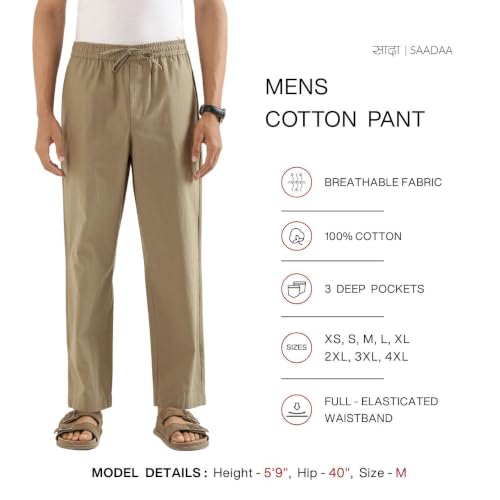 Image of SAADAA Men's 100% Cotton Pants | Mid-Rise Straight Fit Casual Trousers with Elastic Waistband and 3 Pockets | Everyday Wear