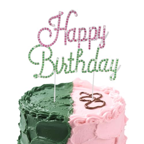 Jaciya Pink & Green Happy Birthday Cake Topper - Sparkling Rhinestone Decor for Women Girls Party, Wicked Cake Decorations