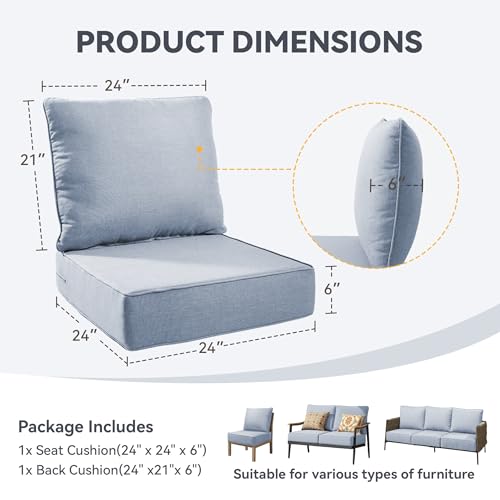 Image of 6 inch Thick Patio Chair Cushions - 24 inch* 24 inch Patio Furniture Cushions with Water Resistant & Removable Cover, 28D High Density Sponge Patio Cushion for Outdoor Furniture Couch Chair Baby Blue