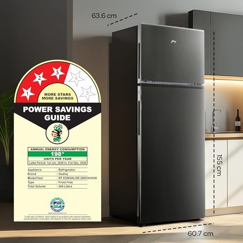 Image of Godrej 244 L 3 Star 5 Years Comprehensive | Convertible Freezer | 95%+ Food Surface Disinfection | Double Door Refrigerator (2026 Model, RT EONVALOR 280CN RCIF FS ST, Fossil Steel)