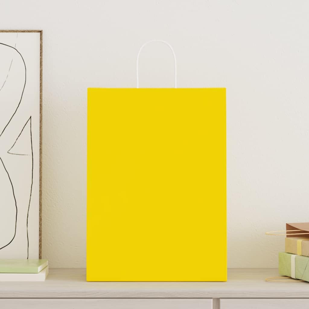 Papierowe torby na zakupy, żółte, z papierowymi uchwytami linowymi, 32 x 17 x 44 cm, 50 szt. z papieru typu kraft, torebki na prezenty na urodziny, wesele, Boże Narodzenie, imprezę, opakowanie