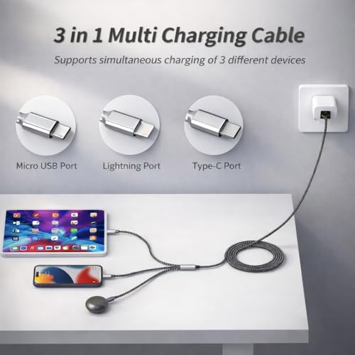 Image of 65W All-in-One 3-in-1 Fast Charging Cable, Type-C & Micro USB, Nylon Braided for for Car Charging, Office & Home Use