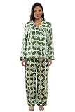 YiNi LuLu Womens Silk Satin Pajamas Set Button Down 2 Piece Pjs Set For Women Long Sleeve Oversized Sleepwear with Pockets Clover