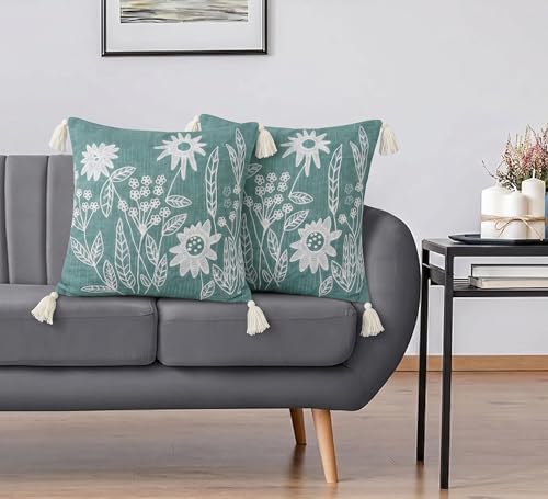 Image of Furnistitchs Handmade Cotton Bohemian Home Decor Cushion Cover 24x24 inches / 60x60 cms - Boho Chic Couch Sofa Throw Living Room Bedroom Cushions (1, Green Florets)