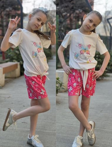 Image of Arshiner Girls Short Sets 2 Piece Outfits Tie Tops and Shorts with Pockets | Summer Short Sleeve Roundneck Floral Short Perfect for summer vacation, daily wear, casual