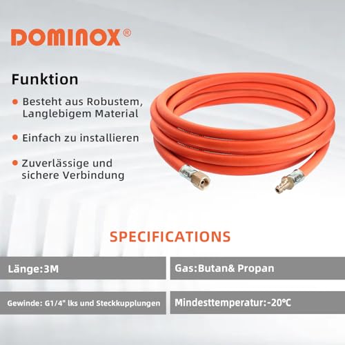 DOMINOX Propan Butan Gasschlauch mit Schelle 1/4\ lks und Steckkupplungen, Industrial Gasschlauch 3m 300cm