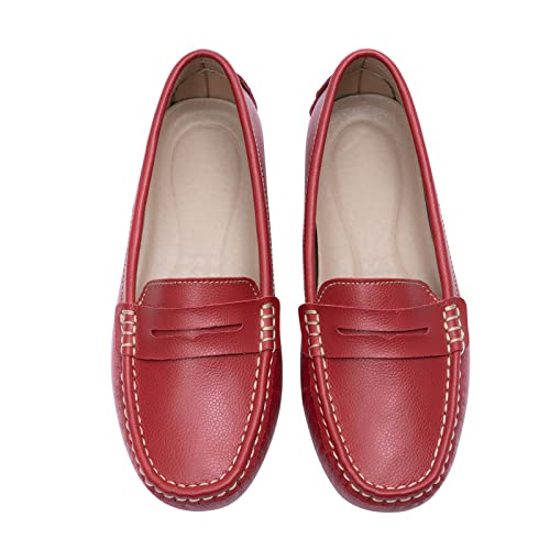 Heydonic Women's Loafers Moccasins Soft Casual Walking Driving Ladies Office Penny Flats Boat Shoes Women Slip On Comfortable Leather Light Red Size 8 #TOP5