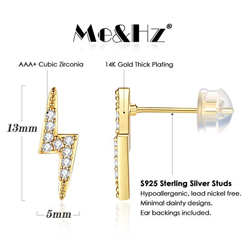 14K Gold Plated Sterling Silver Cz Lightning Bolt Stud Earrings - Cubic Zirconia Diamond Thunder Dainty Earrings Hypoallergenic For Women Little Girls #TOP1