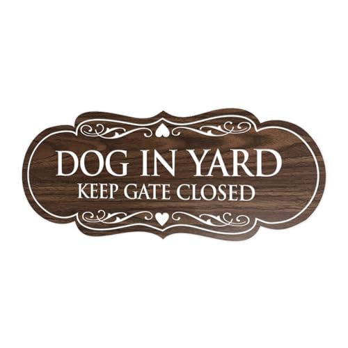 Signs ByLITA Designer Dog in Yard Keep Gate Closed Wall or Door Sign - Easy to Install | Durable Dog Safety Signs (Walnut) - X-Large 1 Pack