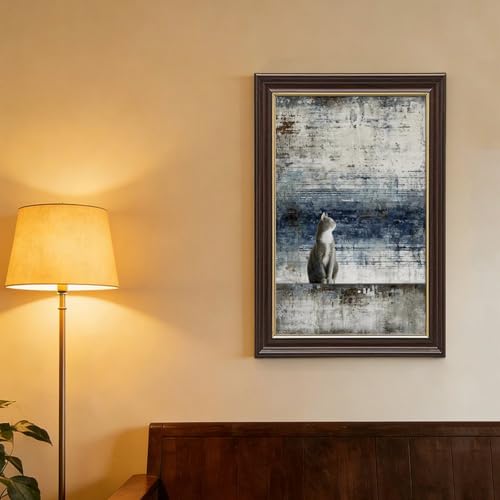 Toile chat regardant l'horizon abstrait gris-blanc : poésie et douceur murale