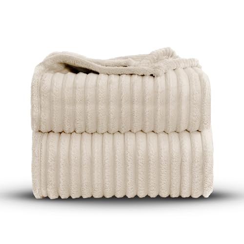 Image of Velosso Super Chunky Ribbed 3cm Cord Faux Fur Velvet Touch Sofa Bed Throwover Soft Thermal Touch Snuggle Comfort Blanket (Ivory, 150x200cms)