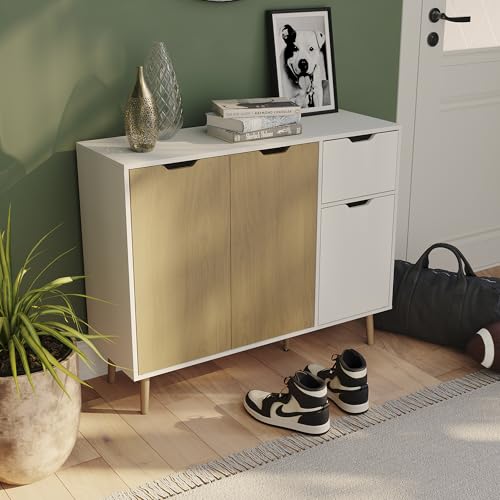 Vida Designs Sideboard Storage Cupboard Cabinet with 1 Drawer for Living, Bedroom, and Dining Room (Oak & White, 3 Door 1 Drawer)
