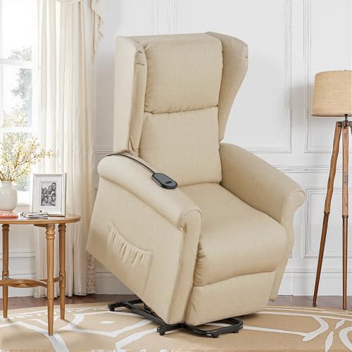 BonVache Elektrischer Aufstehsessel Fernsehsessel mit Aufstehhilfe Relaxsessel mit Liegefunktion Liegesessel für Senioren mit Fernbedienung Fußstütze Sesselsofa Cremeweiß