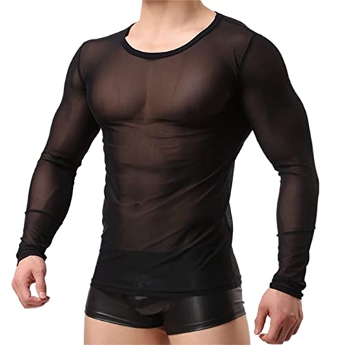 Men's Sexy Tank Top Underwear Mesh Breathable Sexy Shirts Comfort Long Sleeve Sleepwear See Through Blouse Womens Sexy Black3