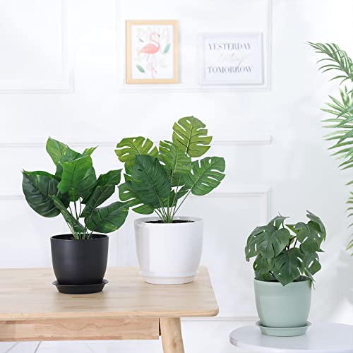 Whonline Plastic Plant Pots, 4 Pack 10/9/8/6 Inch Large Planters White Flower Pots for Indoor Outdoor Plants with Drainage Hole and Tray, Modern Decorative Pots for Home Garden