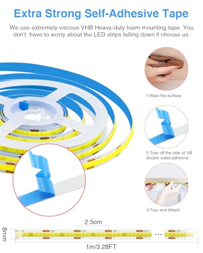 Image of Aclorol COB LED Strip Light 5V USB 1M /3.28FT Warm White 3000K Flexible LED TV Backlight with Self-Adhesive 8mm Width for Bedroom Bedframe Kitchen Sideboard Lighting Project CRI90+ 320LEDs /M (2 Pack)
