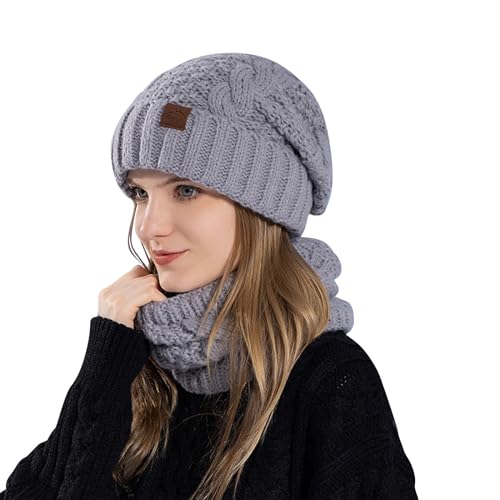 Womens Slouchy Beanie Hat Warm Scarf Winter 2 Piece Sets Thicken Chunky Knitted Soft Ear Protection Outdoor Skull Cap