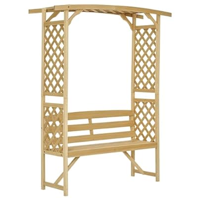 Outsunny Patio Garden Bench Arbor Arch with Pergola and 2 Trellises, 3 Seat Natural Wooden Outdoor Bench for Grape Vines & Climbing Plants, Backyard Decor, Natural