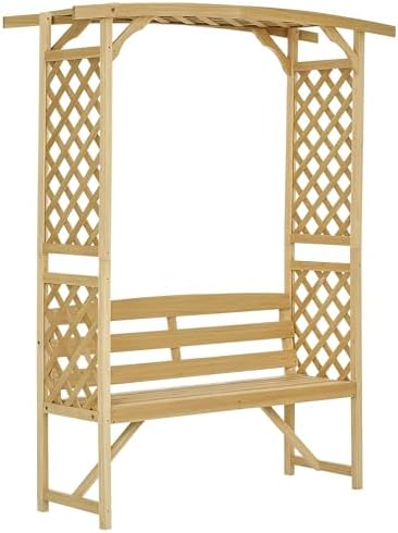 Outsunny Patio Garden Bench Arbor Arch with Pergola and 2 Trellises, 3 Seat Natural Wooden Outdoor Bench for Grape Vines & Climbing Plants, Backyard Decor, Natural