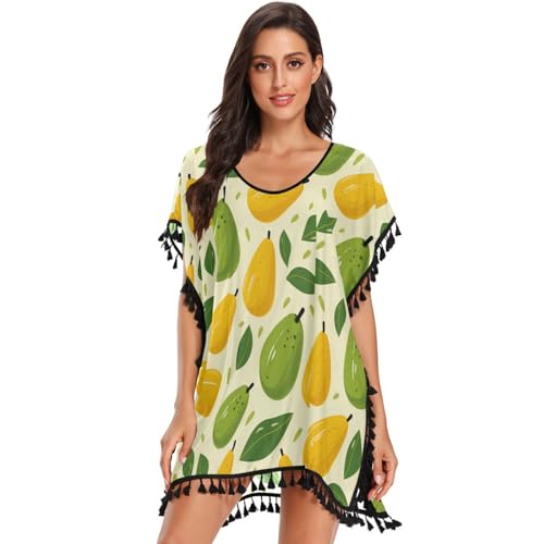 Green Yellow Fruit Art Women's Beach Cover Up Chiffon Tassel Swimwear Swimsuit Coverups for Girl