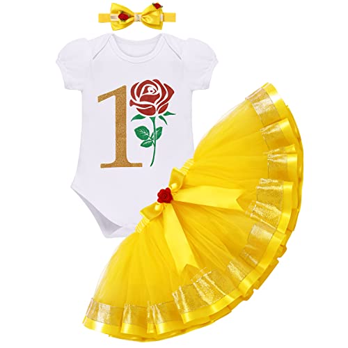 1St Birthday Outfits Princess Costume For Girls First Halloween Costumes Toddler Dress Up Romper Mini Tutu Skirt Headband Infant Deluxe Cosplay Fairy Tale Cake Smash Photo Shoot Yellow 1T #TOP22