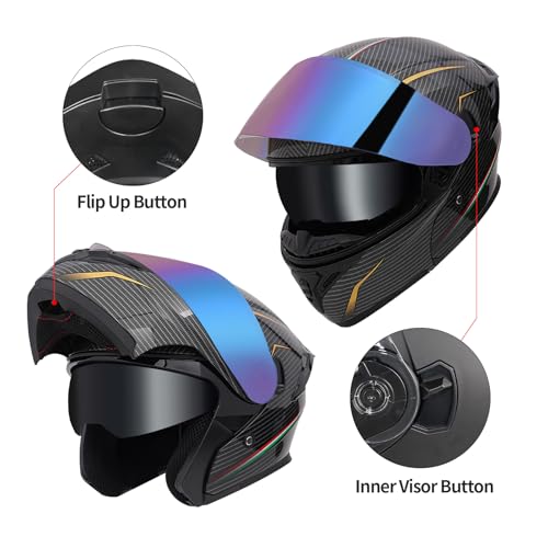 JQF Gear Modular Motorcycle Helmet Dual Visor Flip Up Full Face Helmets FF808 DOT Approved for Adults Men Women (Line Carbon-Fiber Pattern, L)