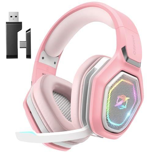 Ozeino 2.4GHz Gaming Headset Wireless with Flip Mic for Ps5, Ps4, PC, Gaming Headphones with USB-A & USB-C Transmitter, 40Hr Battery Bluetooth Headset for Laptop, Mobile, Mac - Pink