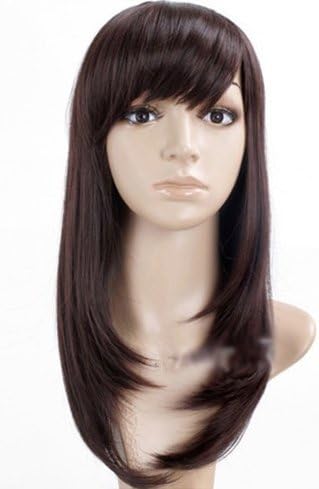 Sogood Cute Elegant Japanese Style Dark Brown Oblique Neat Bang Straight Hair Medium Length Wigs for Gril Lady Women