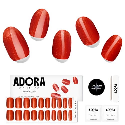 Semi-Cured Gel Nail Strips - 20 Salon-Quality Gel Sticker with UV Light Required, Long Lasting, Easy Application & Removal, Includes Prep Pad, Nail File, Wooden Stick (Radiant Ruby)