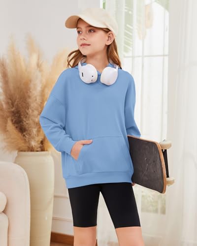 Girls Hoodies Kids Cute Hooded Sweatshirts Pullover Long Sleeve Tops 5-16 Y | Teen girls fall crewneck drop shoulder fleece pullover hoodie with kangaroo pocket, suits for school, lounge & outdoor — view 3