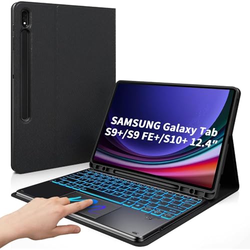 iXTRA Keyboard Case with Touchpad for Samsung Galaxy Tab S9 FE+/S9+/S10+ 12.4 Inch with 7 Color Backlit S Pen Holder, S9 FE Plus S10 Plus Keyboard Case Magnetic Detachable Bluetooth Keyboard, Black