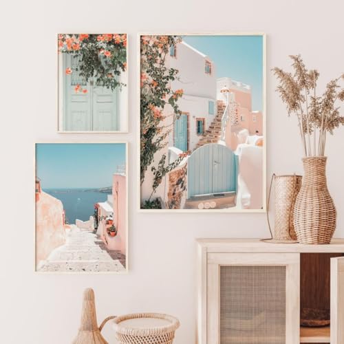 NATVVA 3 Pieces Canvas Painting Pictures Neutral Beach Travel Poster Greece Wall Art Prints for Living Room Home Decor with Wooden Inner Frame