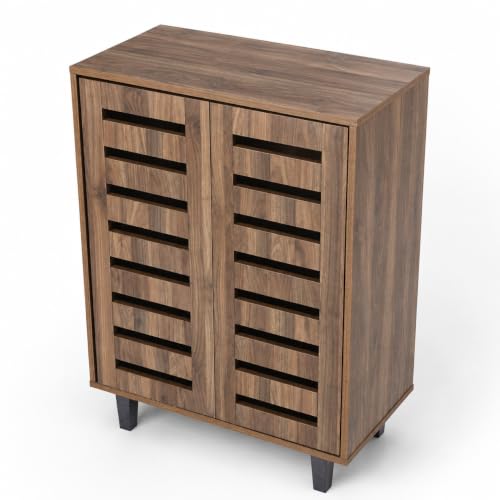 Image of Metro 2 Door Engineered Wood Shoe Cabinet | Wooden Shoe Rack with Spacious Shelves | Modern Shoe Storage Organizer for Entryway, Hallway & Living Room | Walnut Finish