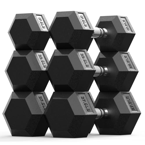 PAPABABE Rubber Encased Exercise & Fitness Hex Dumbbell, Hand Weight For Strength Training,A Pair of 17.5,22.5,27.5 Dumbbell Set NO Rack