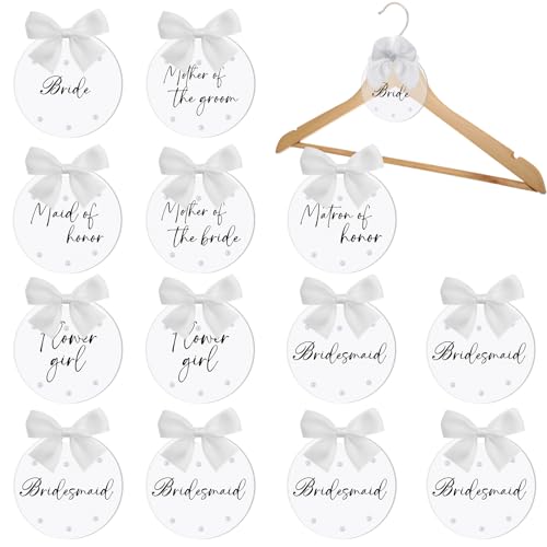 Vicenpal 13 Pack Bridesmaid Hanger Tags for Wedding Pearl Bride Hanger with White Ribbons Weddings Party Favor for Bride Gifts Maid of Honors Tags Dress Luggage Bachelor Party(Round)