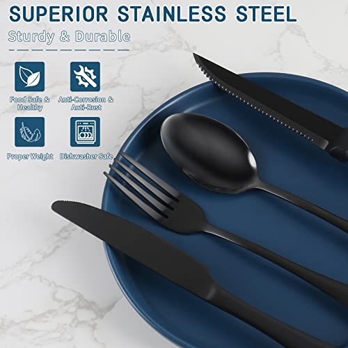 48-Piece Black Silverware Set For 8 With Steak Knives, Black Utensils Stainless Steel Flatware Set With Fork/Spoon/Knife, Food-Grade Cutlery Set, Mirror Finished, Dishwasher Safe #TOP2