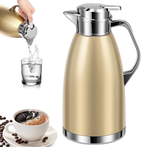 2.3 L Stainless Steel Thermal Carafe, Double-Wall Insulated Vacuum Jug with Press Button Top, 24 Hours Heat and Cold Retention for Coffee, Milk, Tea, Beverage, Juice (Gold)