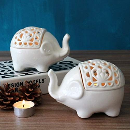 Hosoncovy 2 Pack Ceramic Small Elephant Hollow Tea Light Candle Holders for Home Decoration