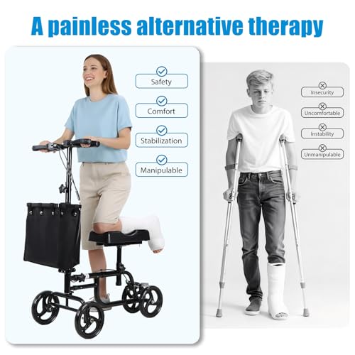 Image of Knee Scooter for Adults Foldable High Carbon Steel Knee Roller Scooter with Shock Absorption & Removable Bag, Adjustable Knee-Scooter for Foot /Ankle Surgery Recovery Black