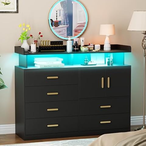 Yeyawomy Black 6 Drawer Dresser with Charging Station & Led Light for Bedroom, Accent Chests of Drawers with Large Cabinet, Modern Storage Dresser with 2 Layer Shelves for Bedroom,Hallway Cover