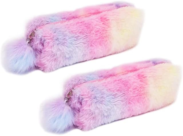 2 PCS Plush Rainbow Pencil Case for Girls Fluffy Pencil Case Cute Rainbow Pencil Holder Soft Pencil Case Fluffy Pencil Bag Makeup Pouch Colored Storage Bags Large Capacity School Supplies for Kids