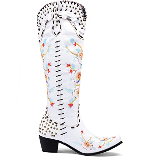 Image of YIYA Women's Star Cowboy Boots Black and White Cowgirl Boots with White Stars Pointed Toe Chunky Low Heel Pull-On Wide Calf Western Embroidered Boots
