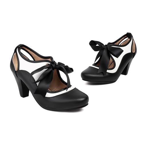 Elerhythm Women's Mary Jane Two Tone Lace Up Closed Round Toe Vintage Heels 1950s Pumps 1920s Victorian Retro Shoes2