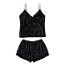 BUKINIE - Pigiama da donna, sexy, in velluto, 2 pezzi, con scollo a V e pizzo e pantaloncini Nero XXL